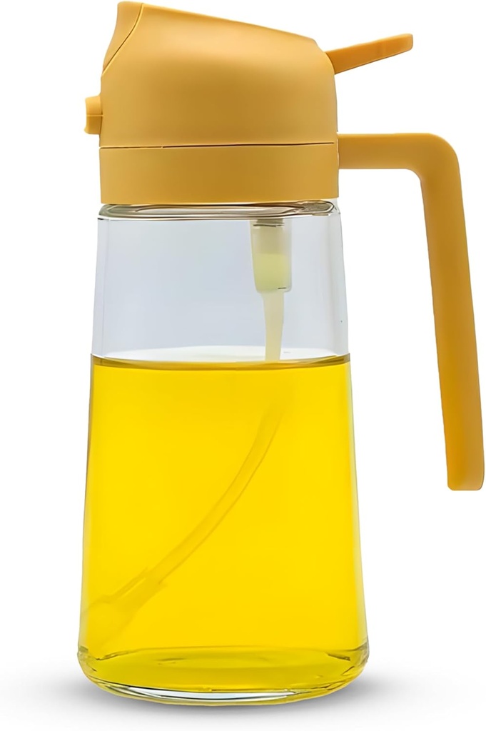 Oil Sprayer for Cooking, 2 in 1 Olive Dispenser Bottle for Kitchen, 16oz/470ml Premium Glass bottle, Food grade Oil Mister for Air Fryer, Salad, Frying, BBQ (Yellow)
