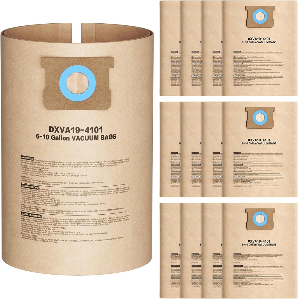 12 Pack DXVA19-4101 Vacuum Bags For DEWALT 6, 8, 9, 10 Gallon Wet/Dry Shop Vacuums, Replacement Disposable Filter Bags for DeWalt DXV06P, DXV09P, DXV09PA, DXV10P, DXV10PL, DXV10S, DXV10SA, DXV10SB