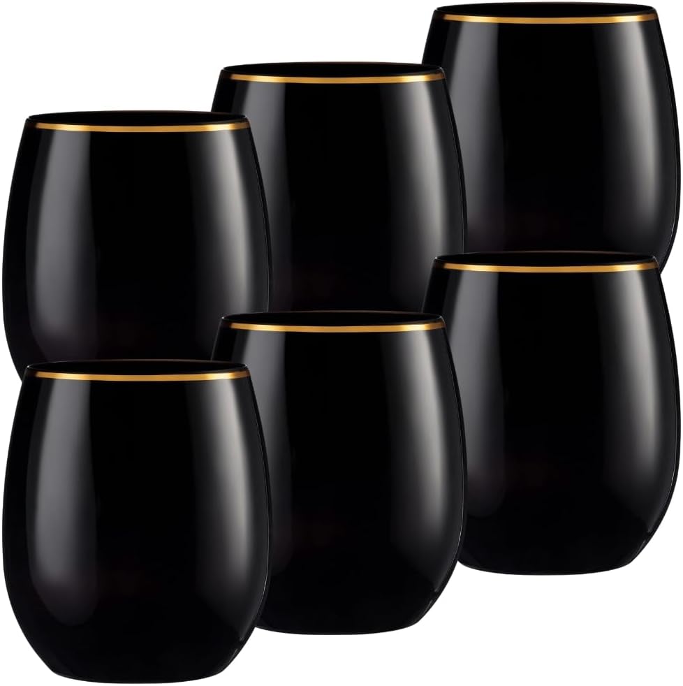 Decorline Elegant Black with Gold Rim Stemless Wine Goblets - 12 oz (Set of 6), Plastic & Party-Ready Glassware, Perfect for Celebrations & Chic Gatherings