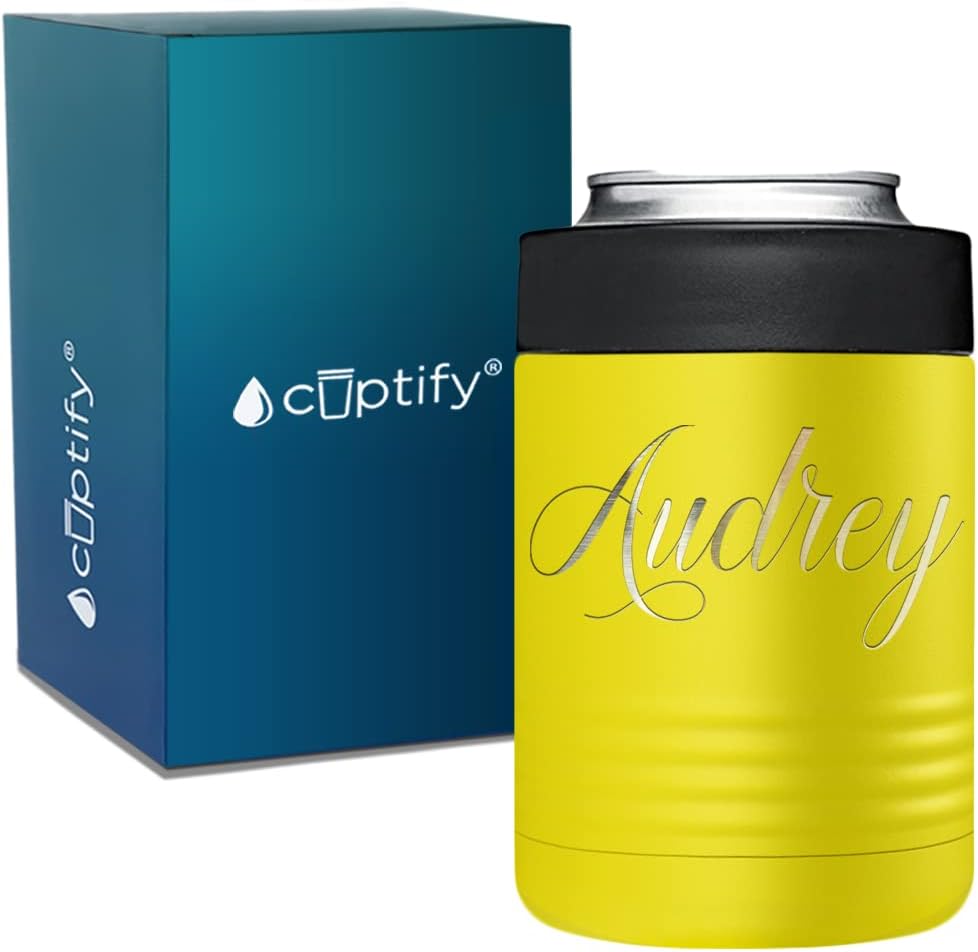 Personalized Can Cooler for Soda Custom Engraved on Yellow 12 oz Insulated Bottle Beverage Drink Holder