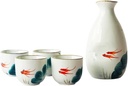 Pottery Sake Set, 5 Pieces Japanese Handmade,Traditional Hand Painted Goldfish Pattern Ceramics Sake Cup Set,Sakeware Gift Box with 4 Sake Cups,1 Sake Pot (Wit)
