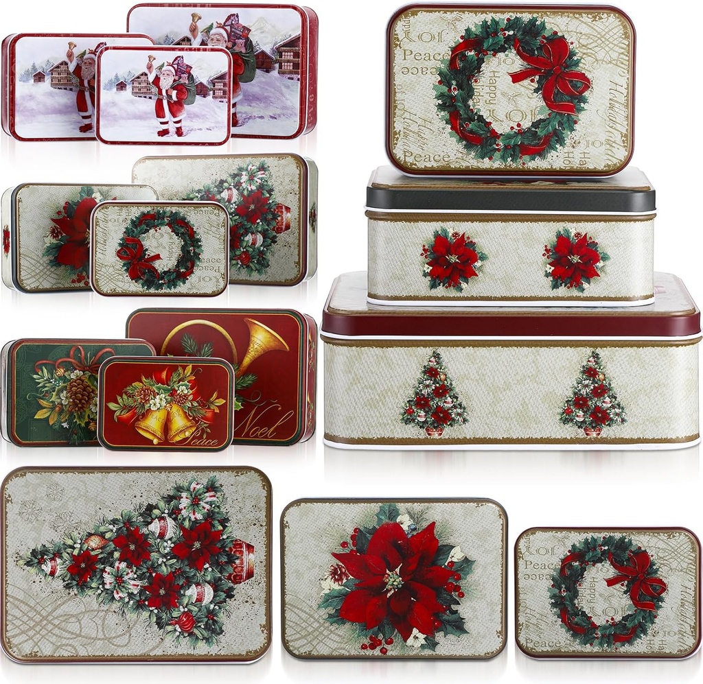 9 Pcs Christmas Cookie Tins with Lids Rectangle Metal Cookie Tins Xmas Cookie Containers Christmas Cookie Jar Decorative Tin Box with Lid for Holiday Christmas Treat Party Supplies (Vintage)