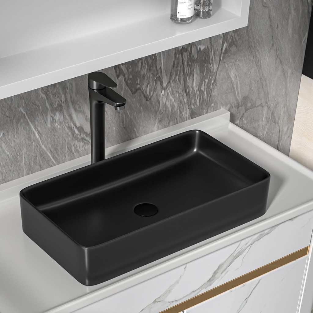 24"x14" Bathroom Vessel Sink Rectangular - Matte Black Porcelain Ceramic Rectangle Above Counter Vanity Lavatory Bath Sink Art Basin with Faucet & Pop-Up Drain