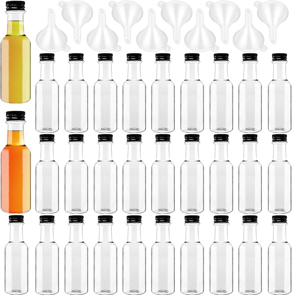 Mini Liquor Bottles, 30 Pack Airtight Plastic Spirit With Black Cap, 1.7oz Empty Alcohol Shot With 10 Funnels, Miniature for Weddings, Parties