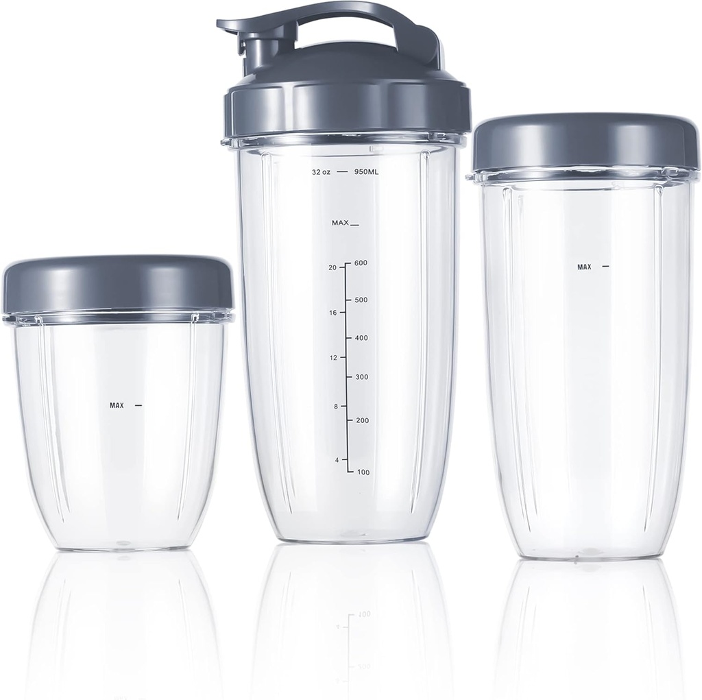 Replacement Cup Kit – 18oz Short, 24oz Tall, 32oz Colossal with Flip-Top To-Go Lid and Stay-Fresh Resealable Lid – Compatible with NutriBullet 600w and Pro 900w Blenders
