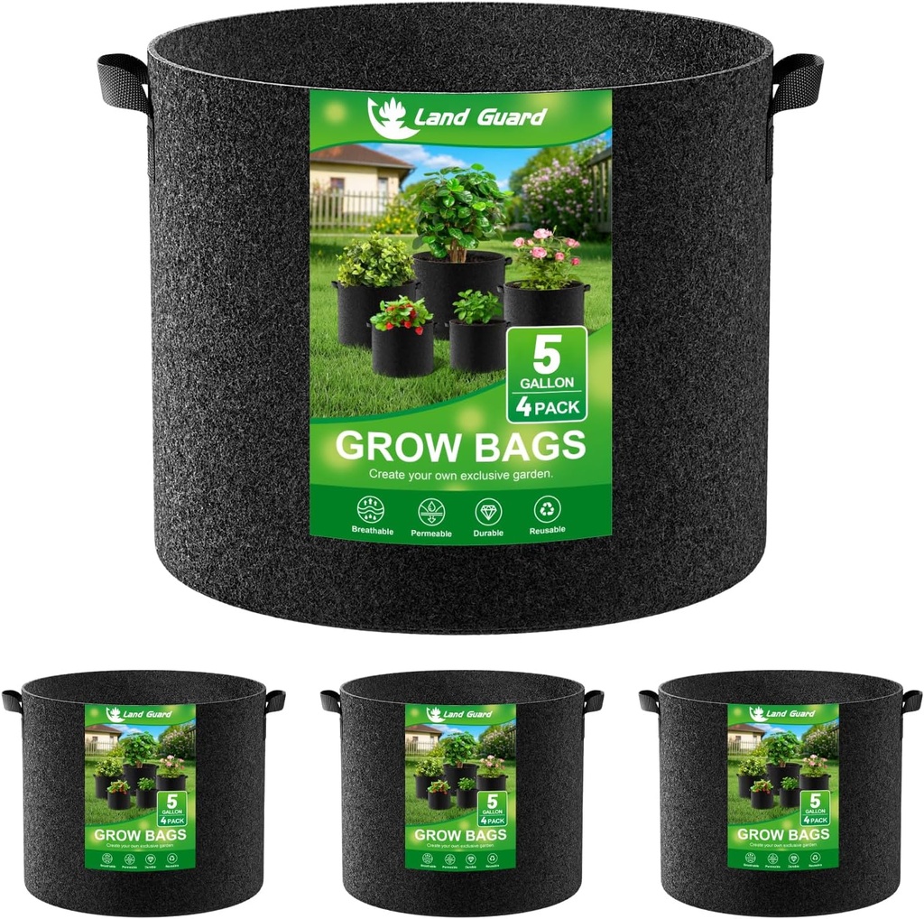Land Guard 4-Pack Fabric Grow Bags 5 Gallon, Thickened Nonwoven Garden Pots, Growing Bags with Handles, Black