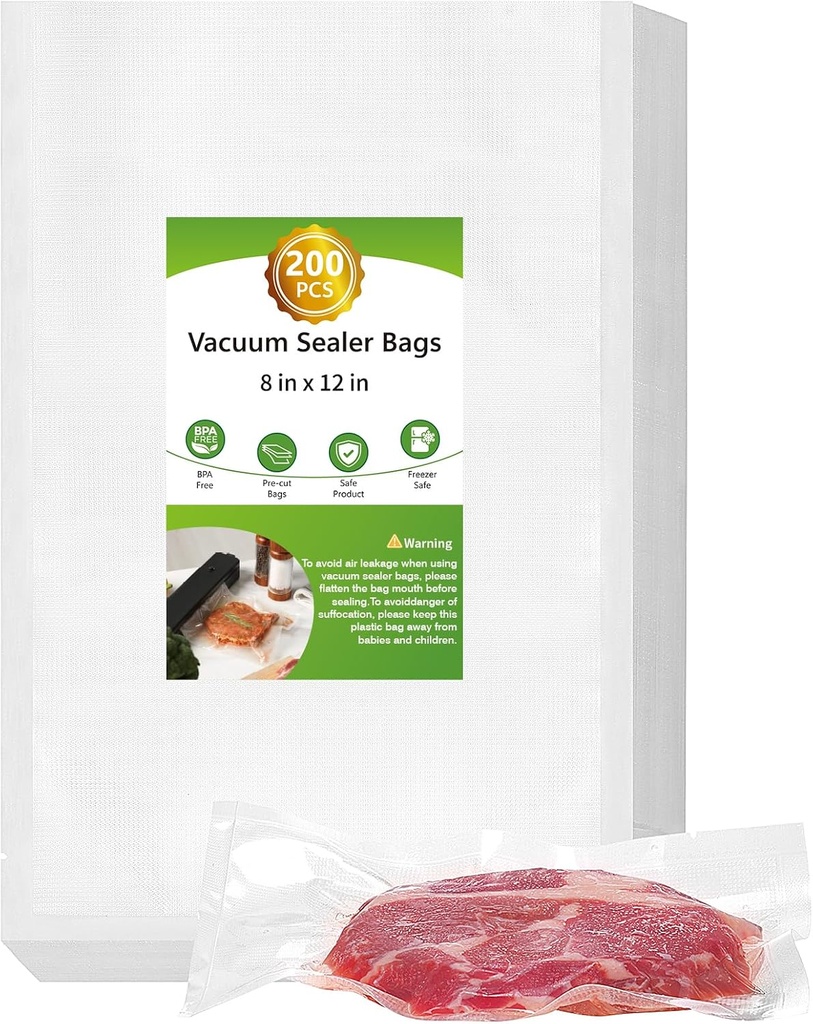 Moretoes 200pcs Vacuum Sealer Bags, Food Saver Bags Quart 8" x 12", BPA Free, Pre-cut Commercial Grade Vac Bags for Food Storage, Meal Prep or Sous Vide