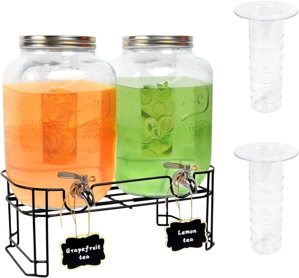 Glass Drink Dispenser with Stainless Steel Spigot,2Pack- 2 Gallon Beverage Dispenser with Stand for Party Iced Juice,Lemonade,Soda Container -with ice cylinder included (Oval)