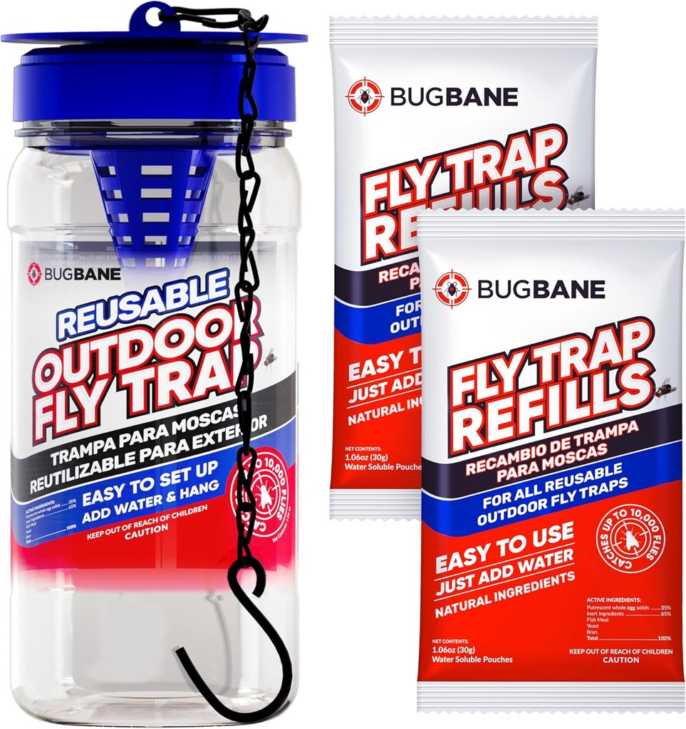 Fly Traps Outdoor Fly Trap for Patio with 2 Non-Toxic Dissolvable Bait Refills. Reusable Hanging Bug Catcher Killer for All Filth Flies for Outside Bug Control Yard Ranch. Hanging Chains Included