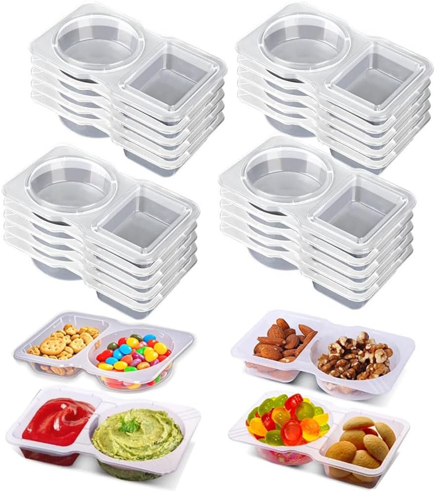 20 Sets Snack Condiment Containers with Lid, Disposable Double 2 compartments Dipping Container Refrige, Reusable Takeaway Sauce Dip Case Storage for Outdoor Sampling Travel Picnic Take-out (20)