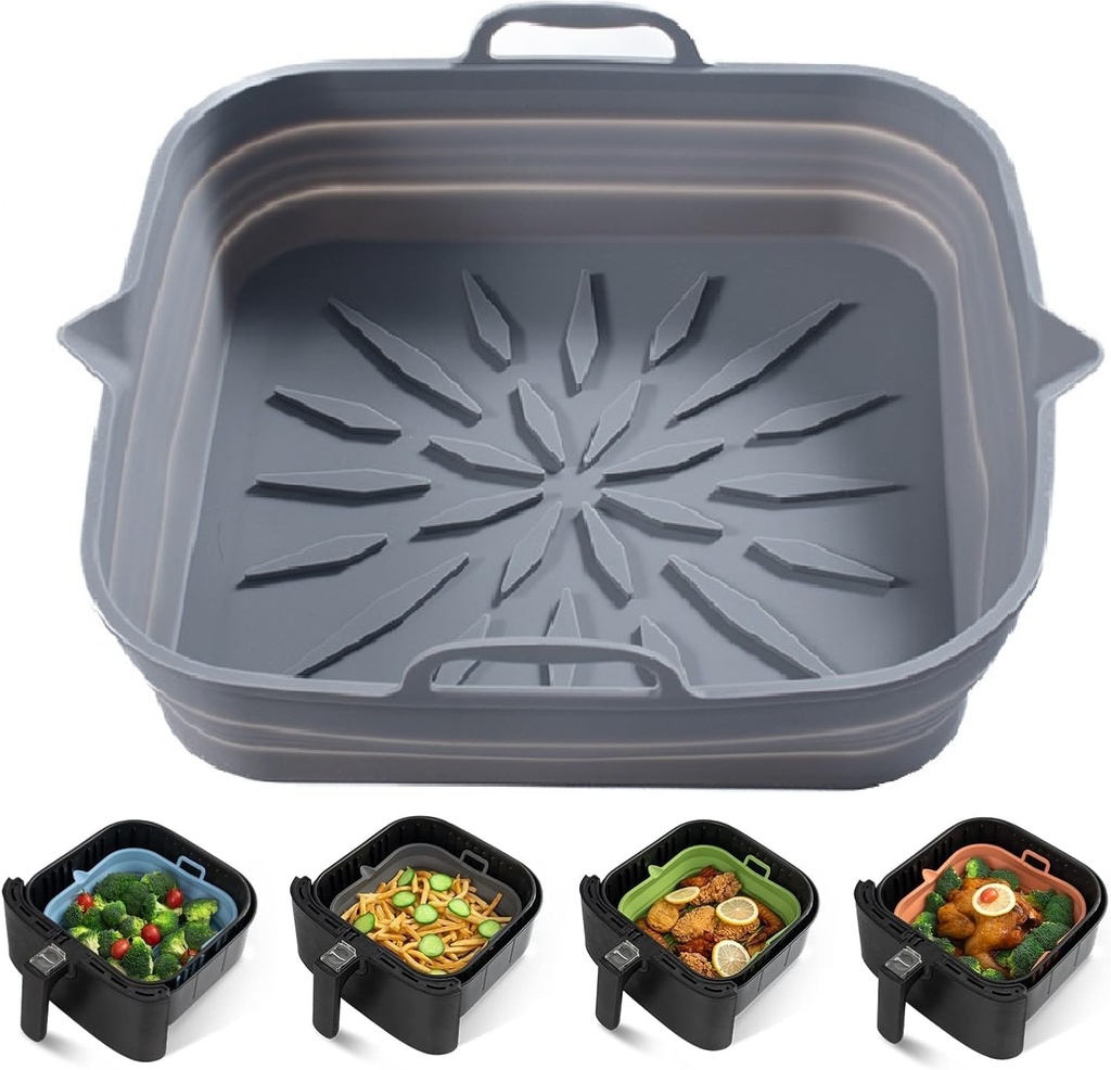 Reusable Silicone Air Fryer Liners (2-Pack) – 8.5” Square, Non-Stick & Easy to Clean, Heat-Resistant Basket for 4-7 Qt Air Fryers – Grey & Black