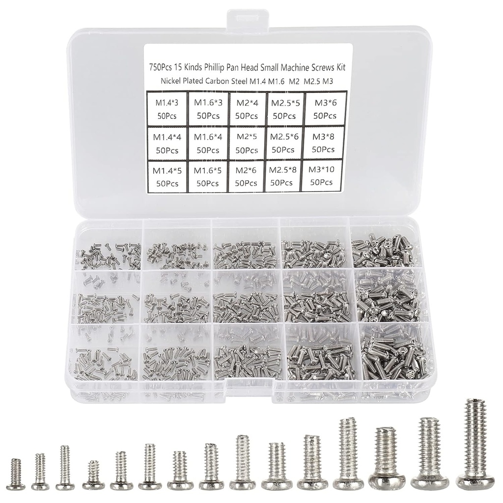 750pcs M1.4/M1.6/M2/M2.5/M3 Phillips Pan Head Small Machine Screws,Tiny Screw,Micro Little Screws,Mini Screw Assortment Kit for Watch,Toy,Electronic Equipment Repair,Nickel-Plated Carbon Steel