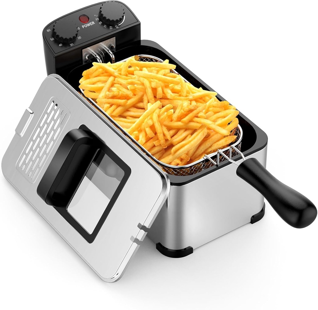 KOTEK Deep Fryer with Basket, 3.2QT/12-Cup Stainless Steel Electric Fryer w/Temperature Control, 60 Min Timer, Lid w/Viewable Window, 1700W Small Deep Fat Fryer for Home, Kitchen, Restaurant (3.2QT)