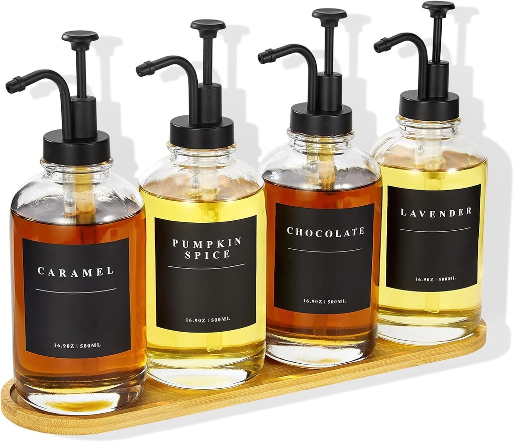 Coffee Syrup Dispenser for Coffee Bar,4 Pack Syrup Dispenser 16.9 oz 500 ml, Glass Syrup Bottle with Black Upgraded Pump, Coffee Syrup Pump Dispenser, 28 Labels and Large Bamboo Tray