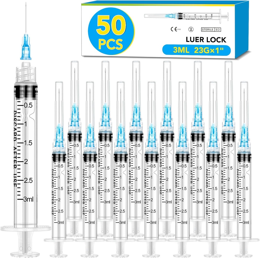 50 Pack 3ml Syringes with Needle-23Ga 1 Inch Needle with Luer Lock, Individually Sealed Packaging