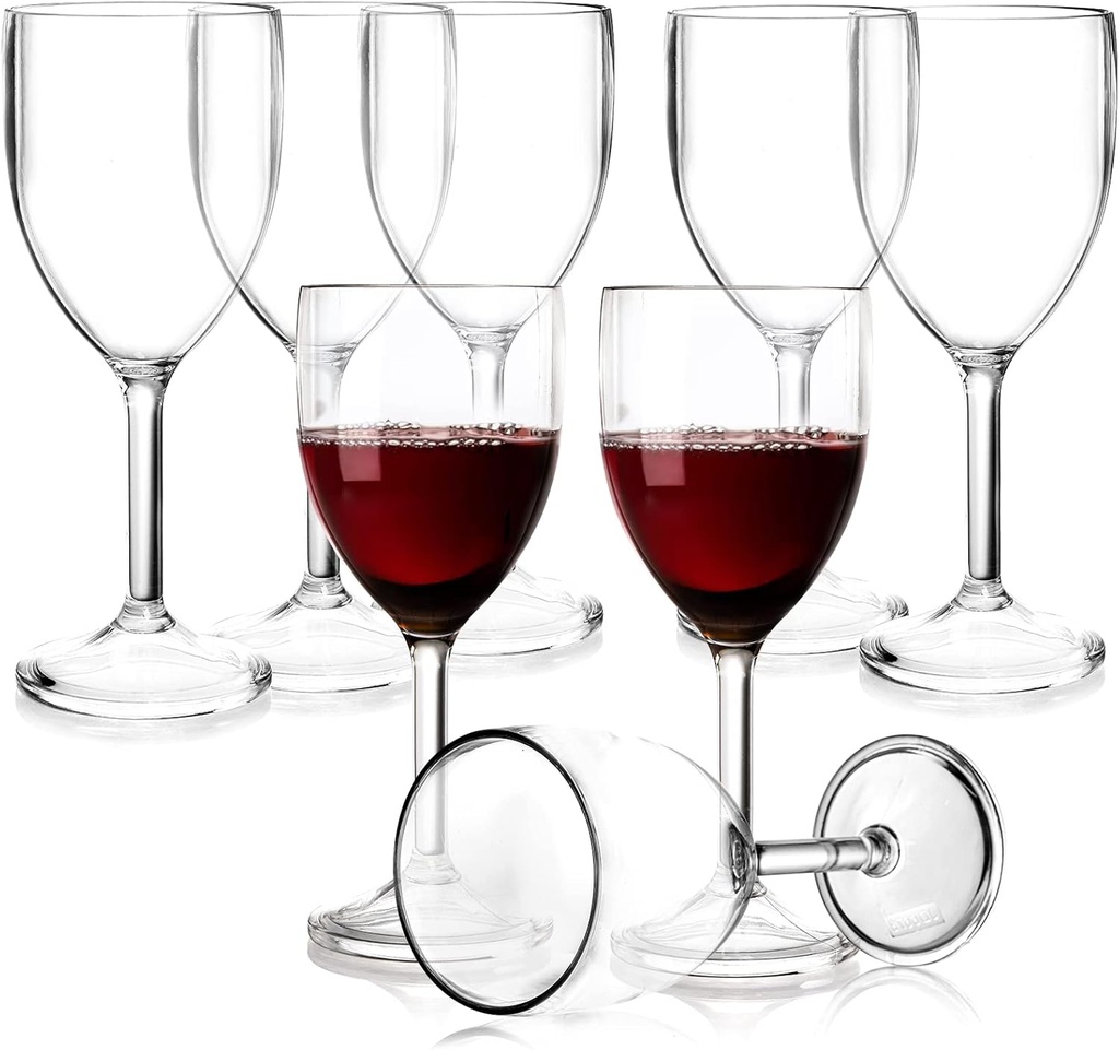 WUWEOT 8 Pack Plastic Wine Glasses, 10 Oz Unbreakable Stemmed Wine Goblets, Clear Shatterproof Plastic Stemware for Travel, Pool, Camping, Beach, Picnic, Everyday Use