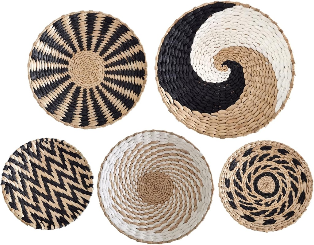 Wall Basket Decor 5Pcs Hanging Rattan Woven Baskets Living Room Wall Decoration Rustic Wall Art Decor Decorative Key Tray Set for Home Bedroom Kitchen