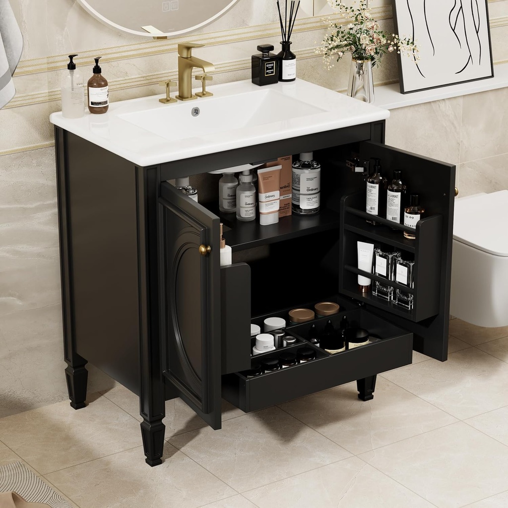 Merax 30" Bathroom Vanities with Sink, Undermount Ceramic Basin, Storage Cabinet with Multi-Functional Drawers, Vintage Style, Solid Wood Legs, Black