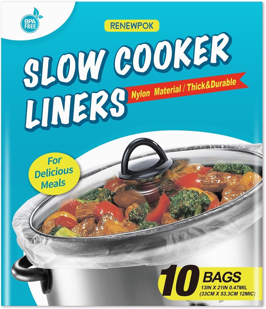 Slow Cooker Liners 13x21 Inch Large Size Thick Pot Liners Nylon Cooking Liners Fit for 3-8QT Oval & Round Pot (10Bags 1Pack)