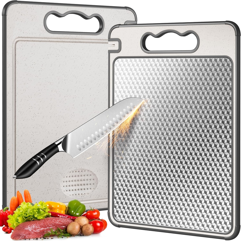 Stainless Steel Cutting Board for Kitchen, Scratch Resistant Mesh Design, Reversible 304 Stainless Steel & Wheat Straw, Non Toxic Chopping Board for Meat, Dishwasher Safe, 14.4"*9.8",1Pcs Grey