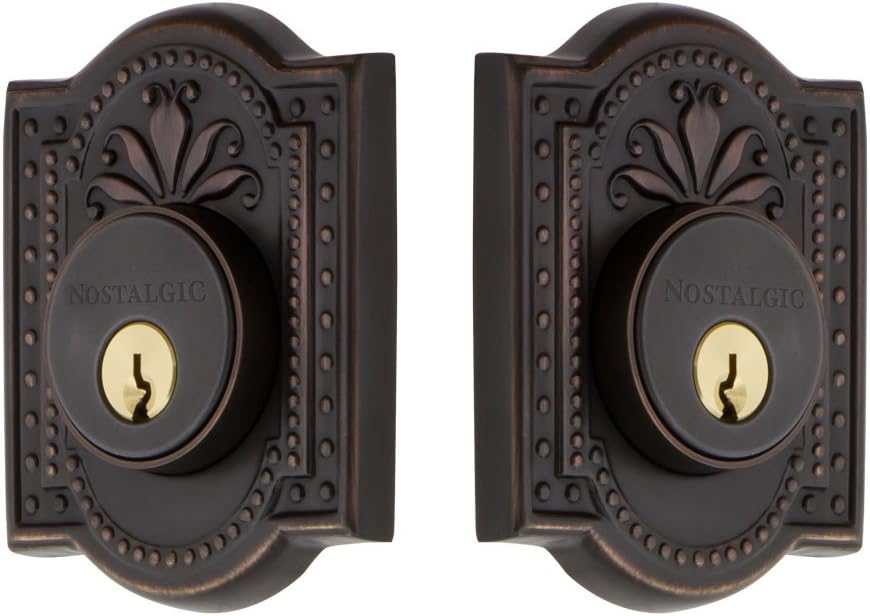 Nostalgic Warehouse 703959 Meadows Plate Double Cylinder Deadbolt Meadows Door Knob in Timeless Bronze,