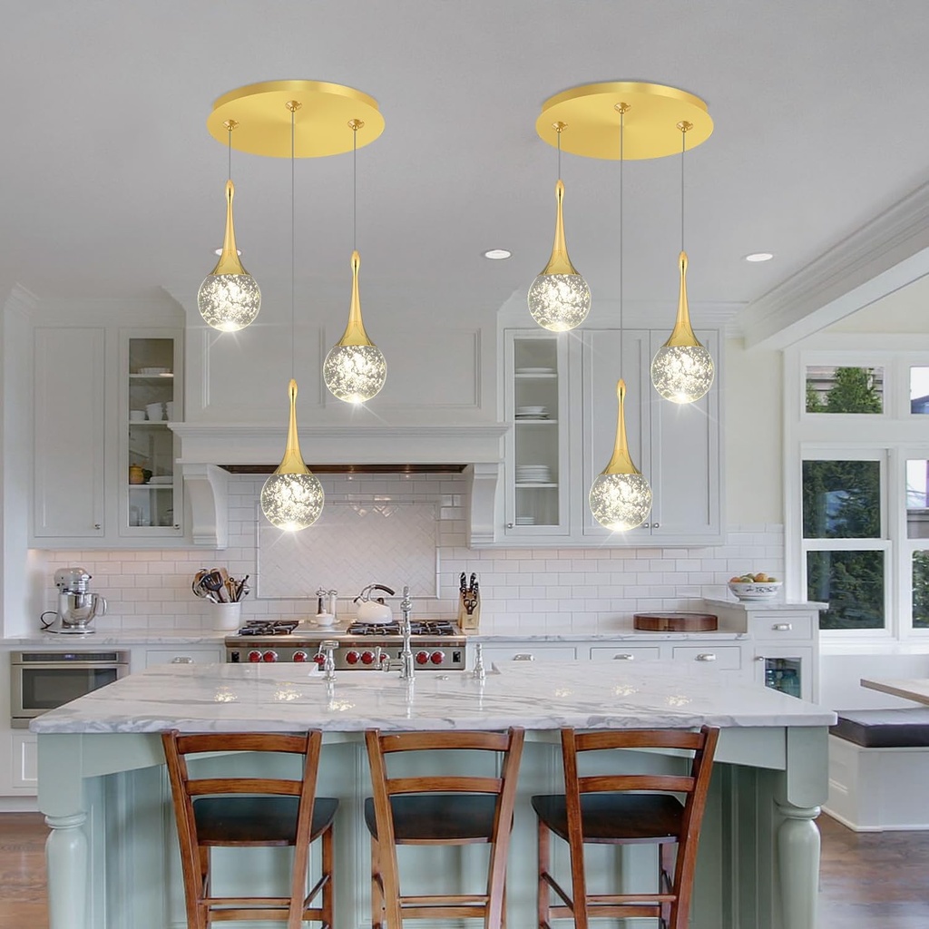 Flashing God 3 Pendant Lights Gold Farmhouse Light Fixtures Kitchen Island Lighting Small Crystal Hanging Chandeliers Modern Ceiling Pendant Light for Dinning Room Bedroom Hallway Bar