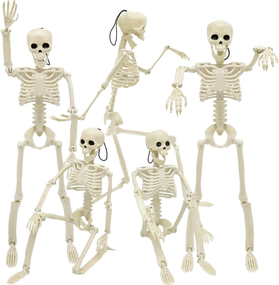 WODMAZ 5 Packs Halloween Skeletons, 16" Halloween Full Body Skeleton with Posable Joints for Haunted House Graveyard Props Decor
