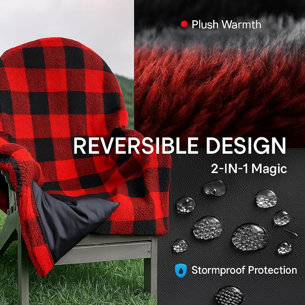 The Chair Blanket™ Reversible Waterproof with Sherpa Lining – Portable Outdoor Cover for Camping, Sports & Patio – Folds into Carry Pouch with Strap - Buffalo Plaid
