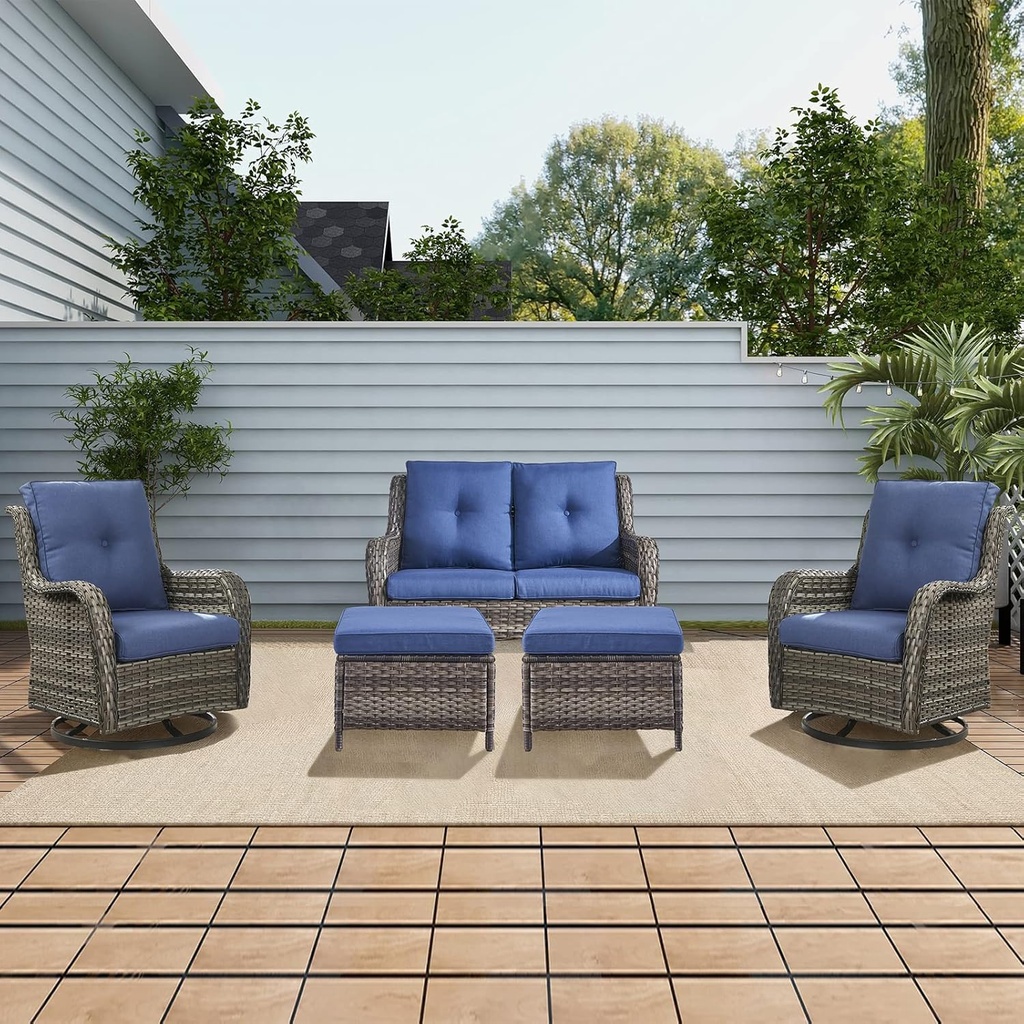 Rilyson 5 Piece Outdoor Patio Furniture Set - Rattan Wicker Patio Conversation Sets with 2 Swivel Rocker Chairs,2 Ottomans and 1 Loveseat for Outside Porch Deck Backyard(Mixed Grey/Blue)