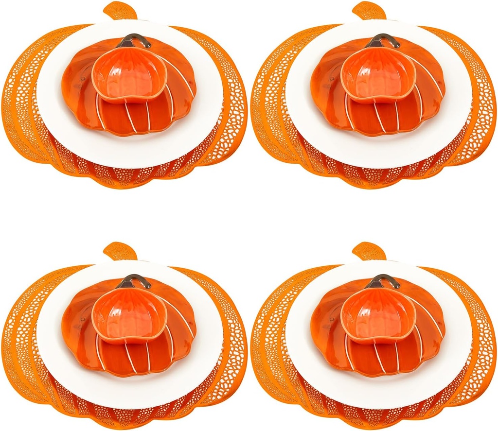 Jinei 8 Pcs Fall Tableware Set Include Large Ceramic Pumpkin Shaped Plates White Dinner Ceramic Plates Small Pumpkin Shaped Bowls and Place Mats for Thanksgiving Autumn Halloween Table Party Decor