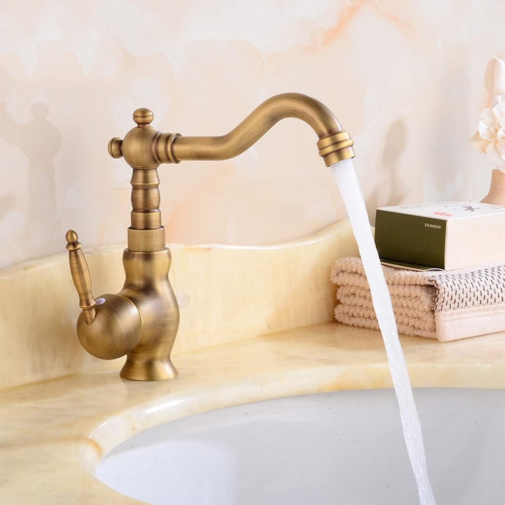 Vintage Sink Faucet Bathroom Antique, 360 Swivel Spout Antique Brass, Cold Hot Mixer Vintage Vanity Tap, Single Handle Bathroom Sink Faucet, B