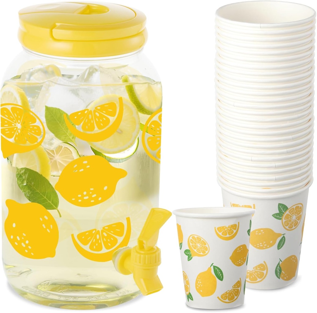 Lemon Plastic Drink Dispenser and 50 Pcs Lemon Paper Party Cups 1 Gallon Iced Beverage Dispenser Tea Jar with Spigot and Carrying Lid Clear Dispenser for Lemonade Stand Lemon Juice Tea Beer