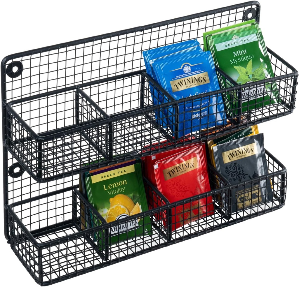 MyGift Wall Mounted Metal Mesh Wire Tea Bag Organizer Rack with 8 Compartments and Matte Black Finish, Farmhouse Style Kitchen Tea Storage Display