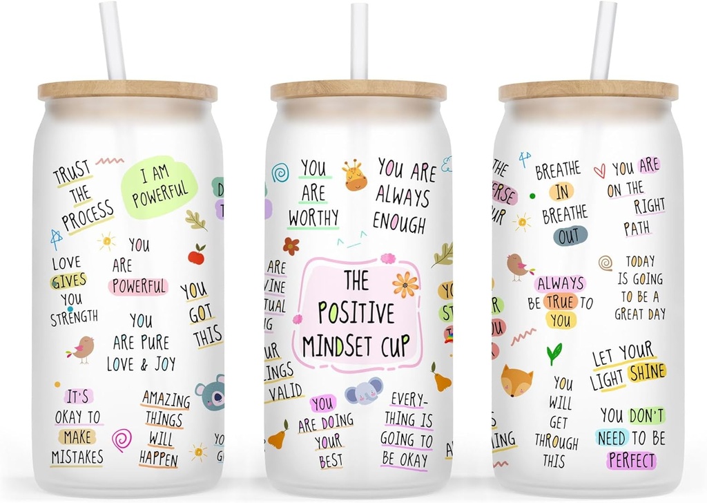 My Positive Mindset Glass Cup - Positive Affirmations Tumbler Glass - Cute Glass Tumbler With Lid And Straw - Mental Health Gifts - Cute Daily Affirmation Glass Cups - 16Oz Glass Tumbler Frosted