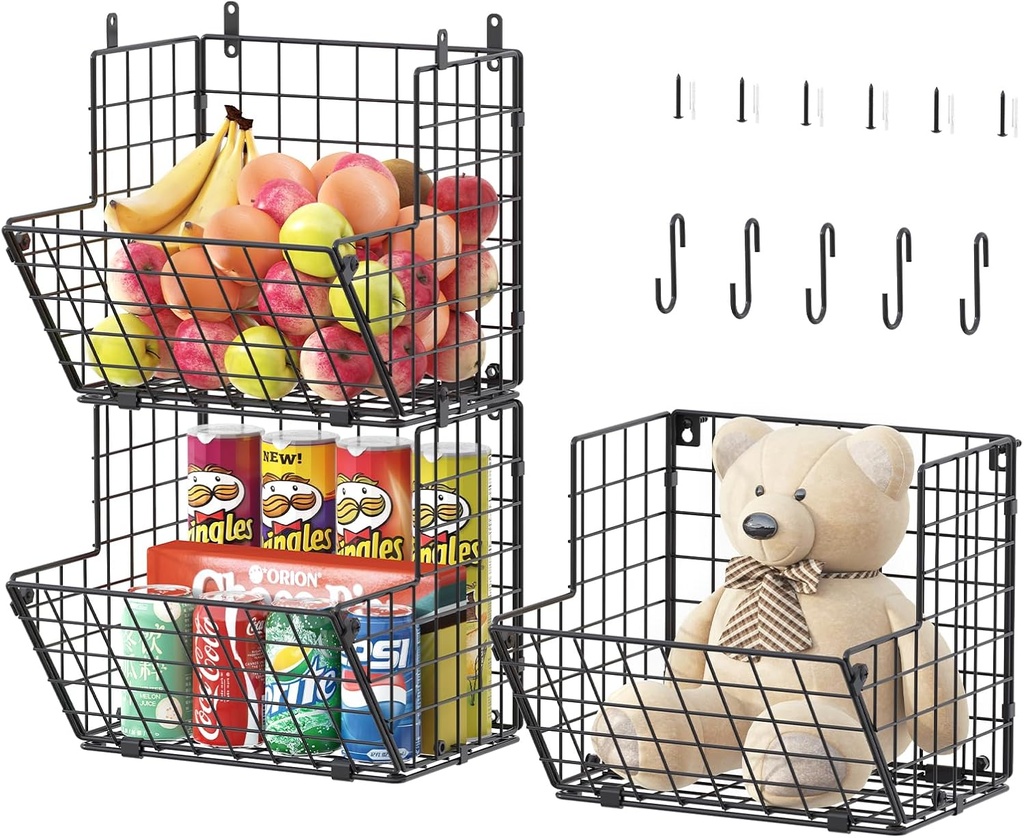 X-cosrack Metal Wire Basket Wall Mount, 3 Tier Wall Storage Organizer with 5 S Hooks, Kitchen Fruits and Vegetables Bin Toys Organizer Hanging Basket Black (S (10.83" L x 10.63" W x 30" H))