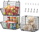 X-cosrack Metal Wire Basket Wall Mount, 3 Tier Wall Storage Organizer with 5 S Hooks, Kitchen Fruits and Vegetables Bin Toys Organizer Hanging Basket Black (S (10.83" L x 10.63" W x 30" H))