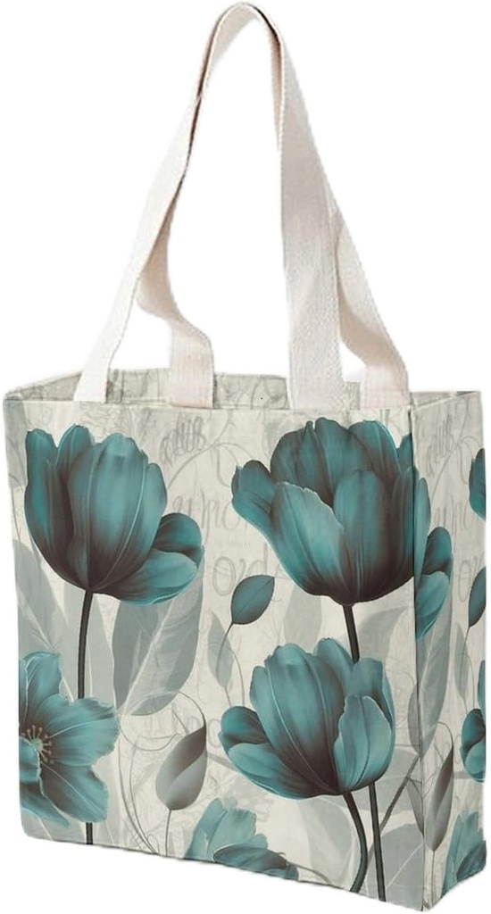 Canvas Tote Bag for Women Reusable Grocery Bag Elegant Teal Flower Shopping Bags Casual Shoulder Bag Handbag