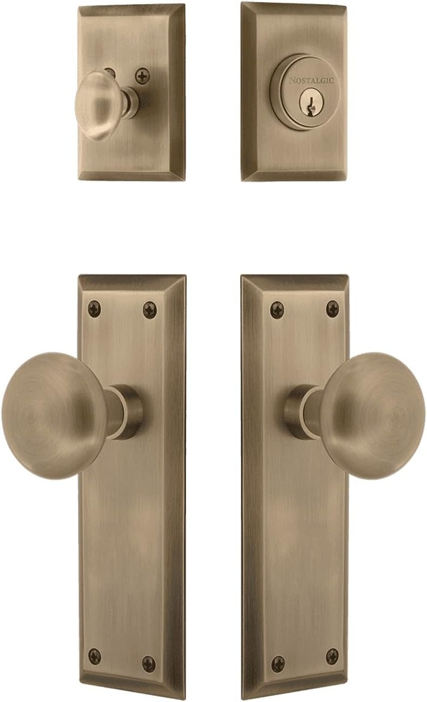 Nostalgic Warehouse New York Entry Set with New York Knob in Antique Brass-2 3/8" Backset-Universal Handing