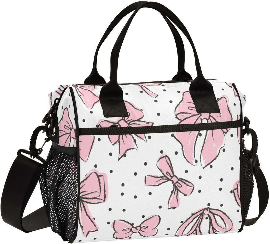 Cute Bows Pink Lunch Bag Insulated Cooler Bag Tote Reusable Lunch Box for Women Men Adult Adjustable Shoulder Strap Leakproof for Work Picnic