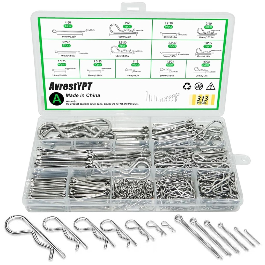 313 Pcs Stainless Steel Cotter Pins Assortment Kit, 13 Sizes Cotter Pins & R Clips Cotter Pin Set, Hairpin Cotter Pin Set, Hitch Pin Clips Set for Hitch Pin Lock Systems