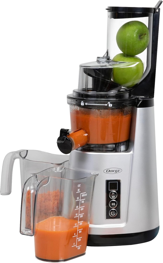 Omega Wide Mouth Juicer Compact Vertical Cold Press Vegetable and Fruit Juice Extractor with 3-Inch Hopper 2-Speed Slow Juicing with Space Saving Design, 120-Watts, Black