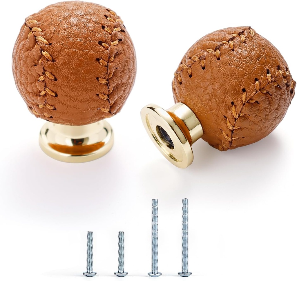 Satanga Kitchen Leather Cabinet Drawer Dresser Knobs Pack of 4 Brown Brass Round Cupboard Door Bathroom Handles Furniture Wardrobe Hardware One Single Hole Diameter 1.07 Inch with Screws Modern