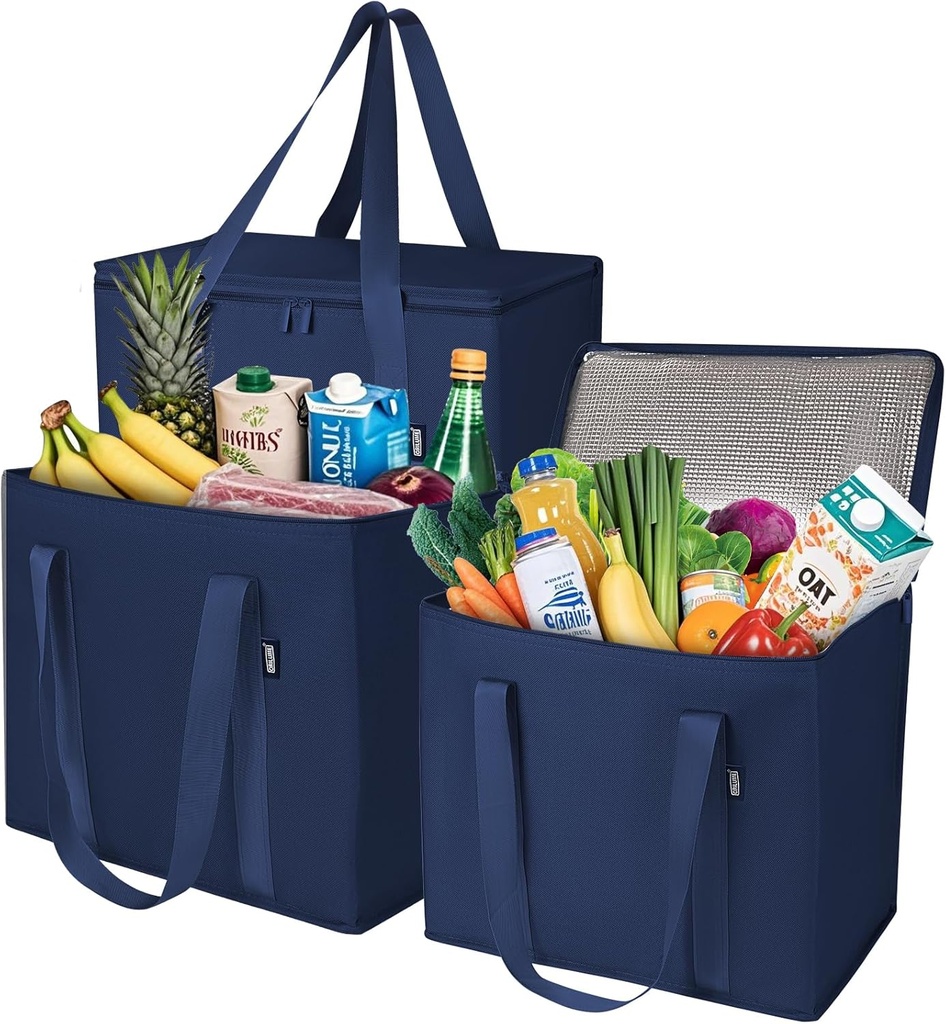 Insulated Grocery Bags with Zippered Top, Oxford Fabric Collapsible Cooler Bag for Frozen Food, Heavy Duty Reusable Shopping Bags Collapsible Thermal Tote for Hot Storage