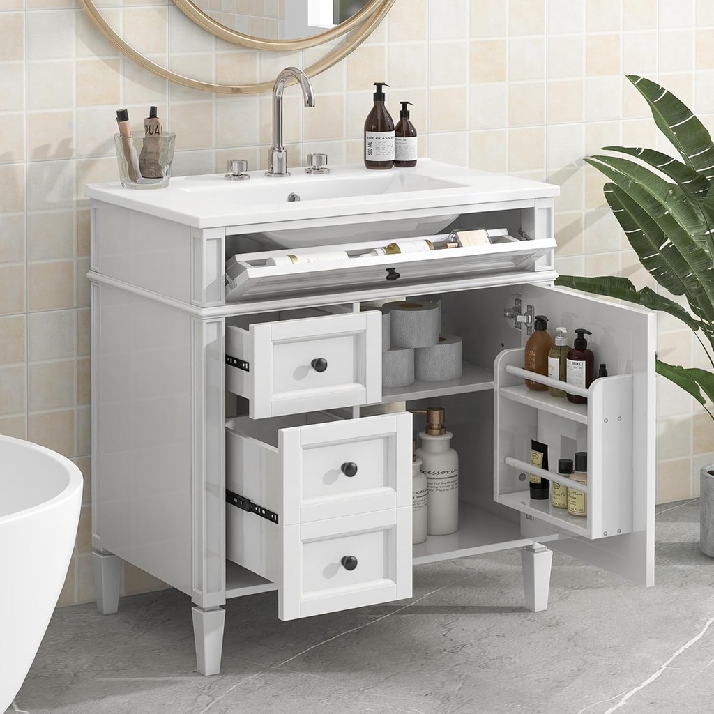 30" Bathroom Vanity with Ceramic Sink, Modern Freestanding Storage Cabinet with 1 Door, 2 Drawers & Tip-Out Drawer, Solid Wood Frame