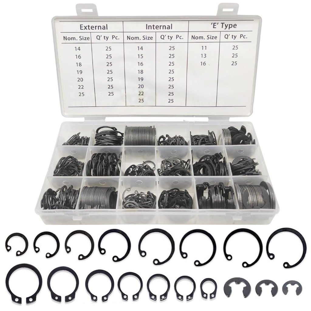 Boatsea 450Pcs Circlip Retaining Ring Kit, 3 Types 18 Sizes Incl External & Internal Circlips