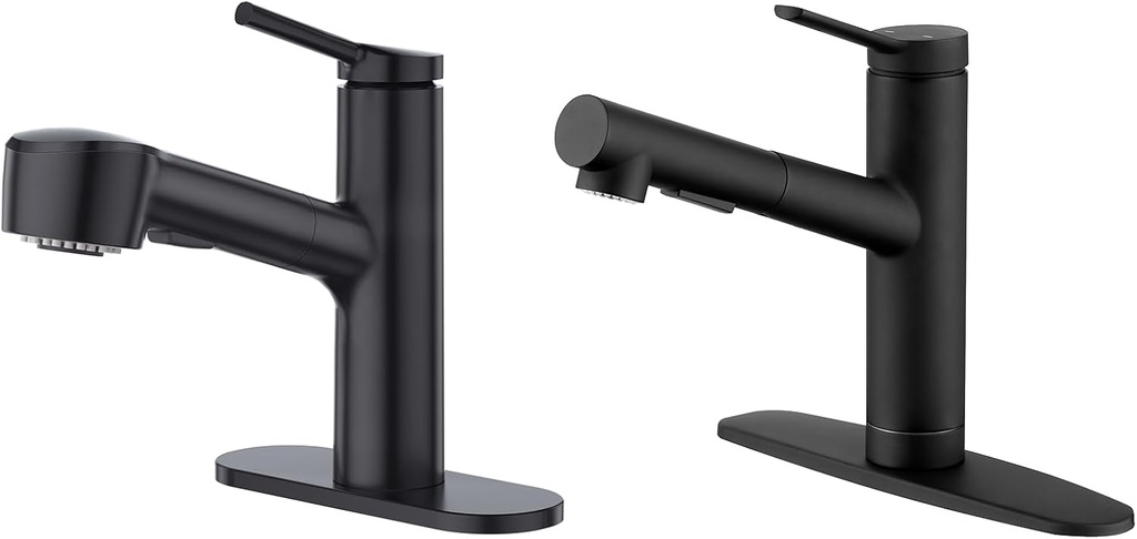 CREA Black Single Hole Bar Sink Faucet with Pull Out Sprayer,Single Handle Utility Faucet with Sprayer for Laundry Room Baby Pet Bath Tub Vanity Basin Mixer Tap 3 Hole Deck Plate