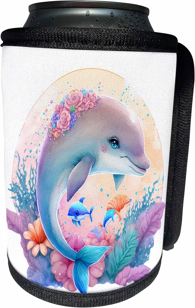 Can Cooler Bottle Wrap - Pretty Floral Dolphin Illustration Illustrations