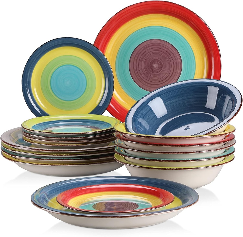 vancasso Stoneware Dinnerware Set for 6 Arco 18 Pieces Stoneware Combination Set with Dinner Plate, Dessert Plate and Soup Bowl, Handpainted Spiral and Alternately Colourful Pattern