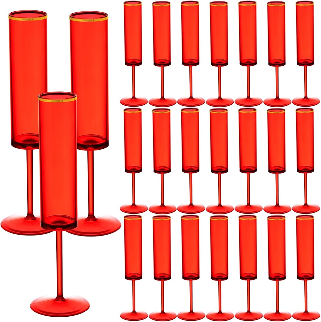 24 Pcs Plastic Wine Glasses,6 OZ Champagne Flutes Goblets Gold Rim Disposable Cups for Parties Reusable Champagne Toasting Colored Cups Drinking,Elegant for Wedding Anniversary Christmas Red