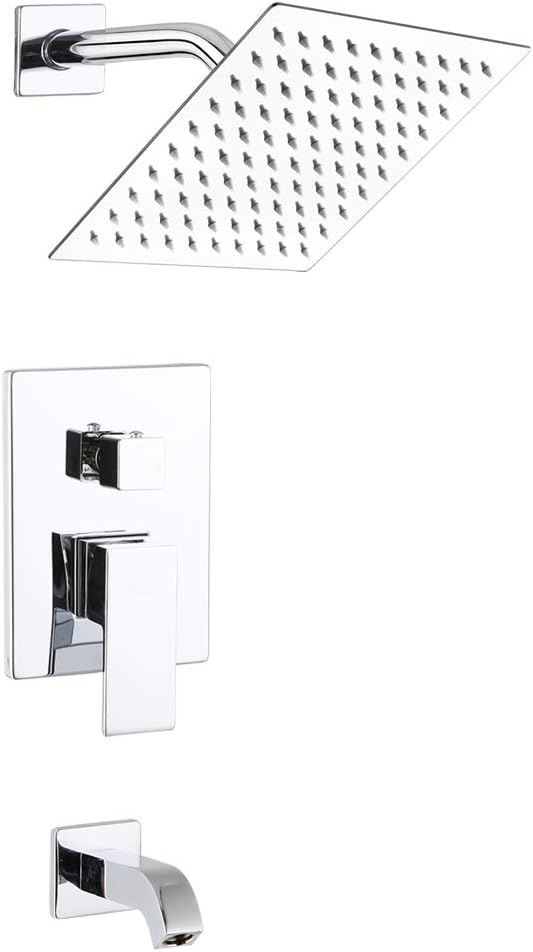 POP SANITARYWARE Shower Faucet with Tub Spout Chrome Bathroom Rain Mixer Shower System Wall Mounted Rainfall Shower Head and Handle Set, Tub and Shower Trim Kit with Rough-in Valve